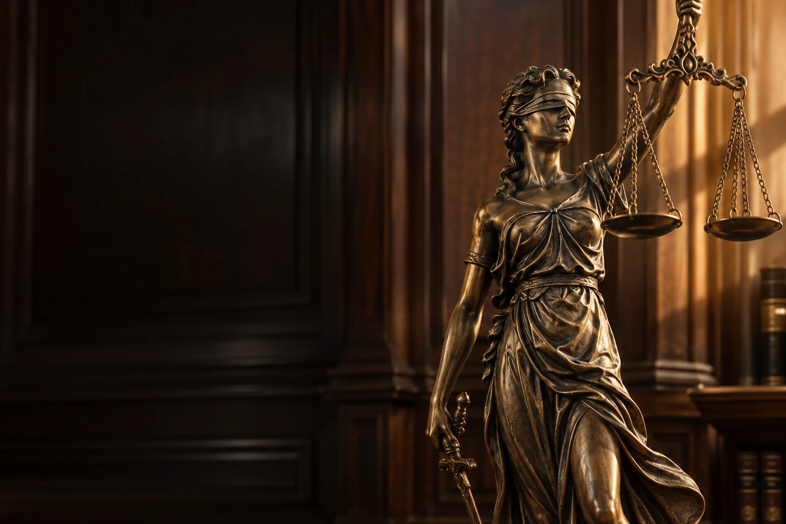 Bronze Lady Justice against antique walnut paneling, an illustrative setting
